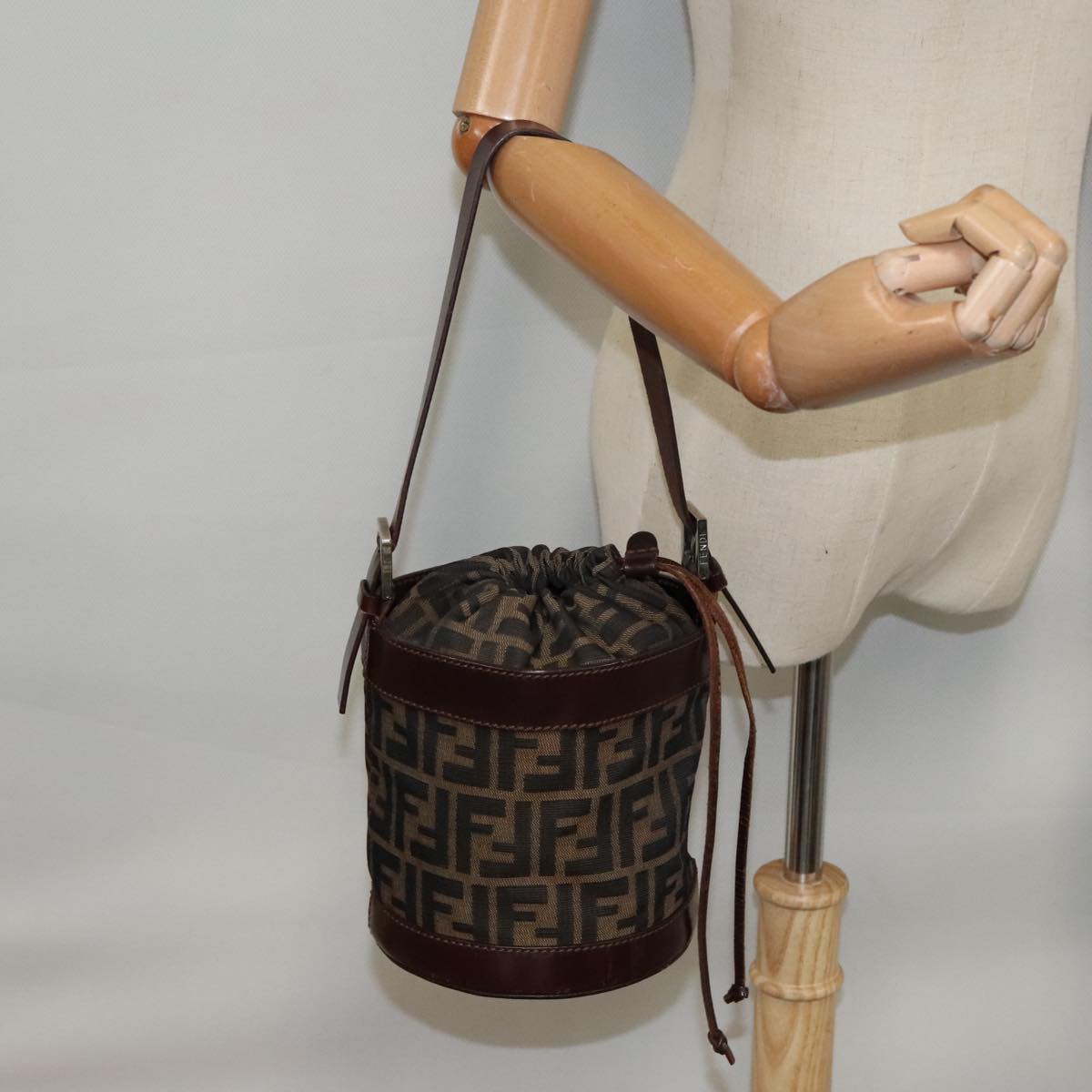 FENDI Bucket Zucca Canvas Hand Bag Brown Black Gold mr569