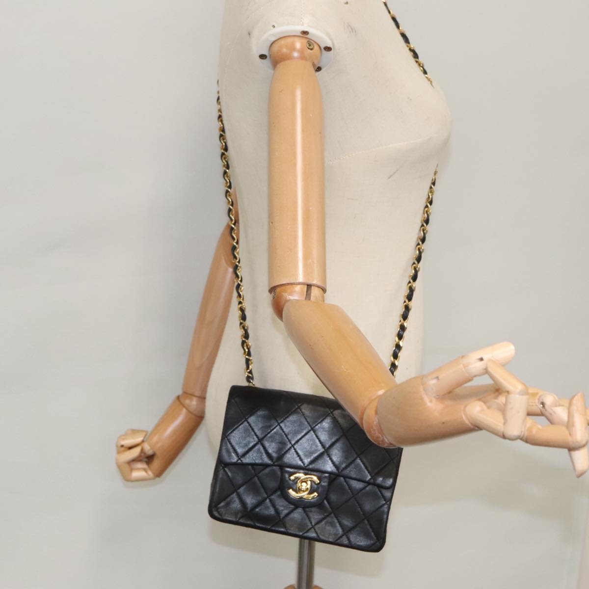 CHANEL Mini Materasse 17 Chain Shoulder Bag Lamb Skin Black Gold CC PP038