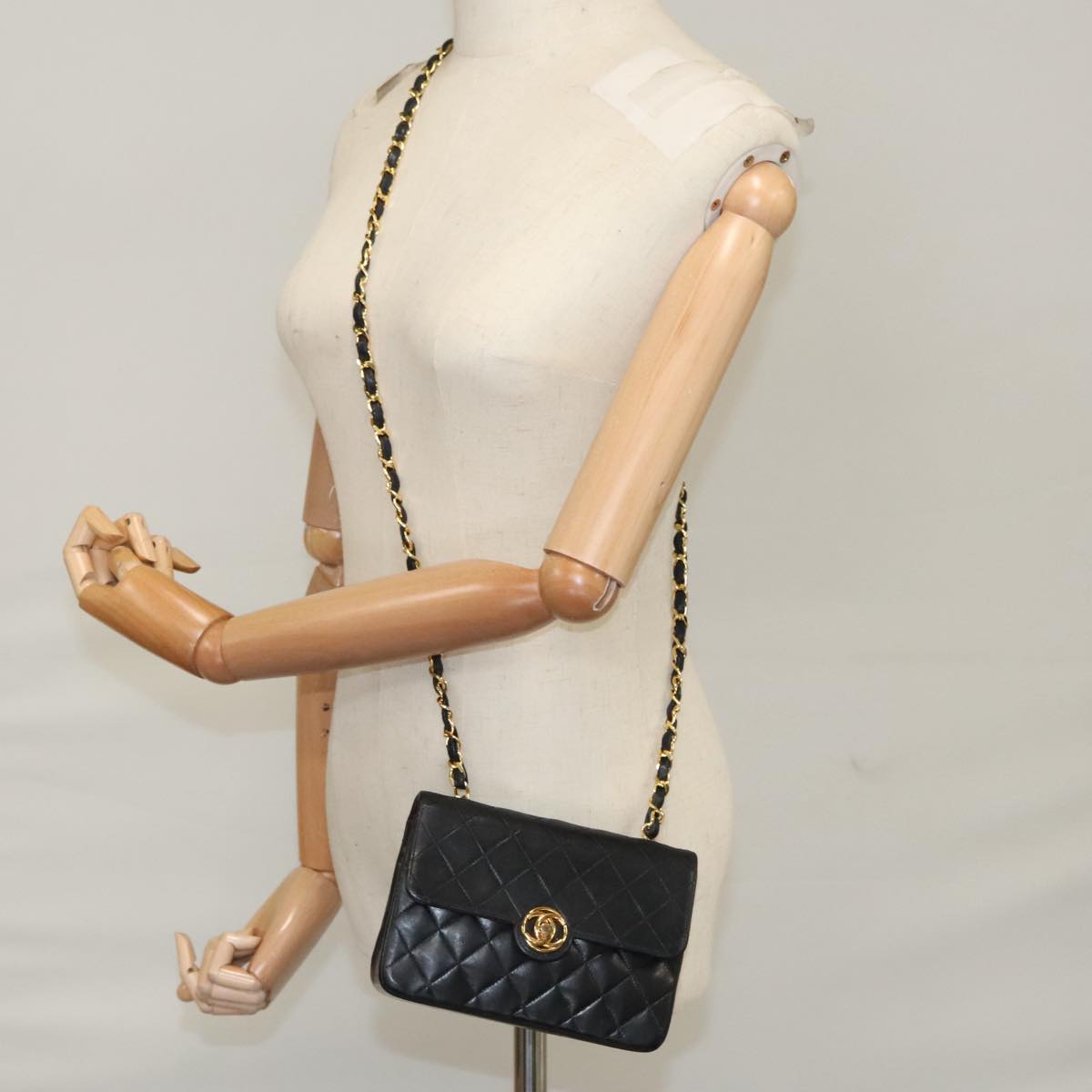 CHANEL Chain Matelasse Shoulder Bag Lamb Skin Black Gold CC PP133