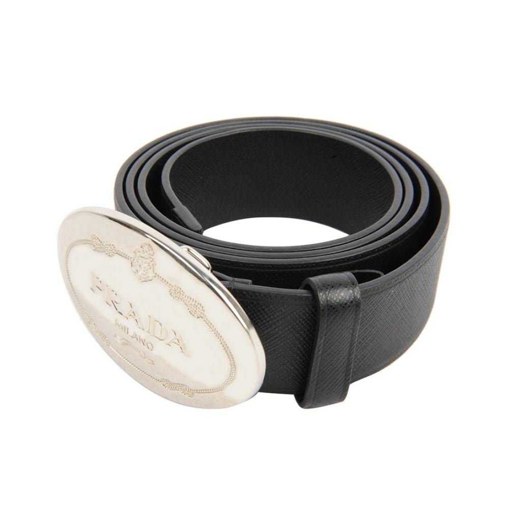 Prada Black Saffiano Leather Engraved Oval Plaque Buckle Size: 100/40 Belt 2CM046