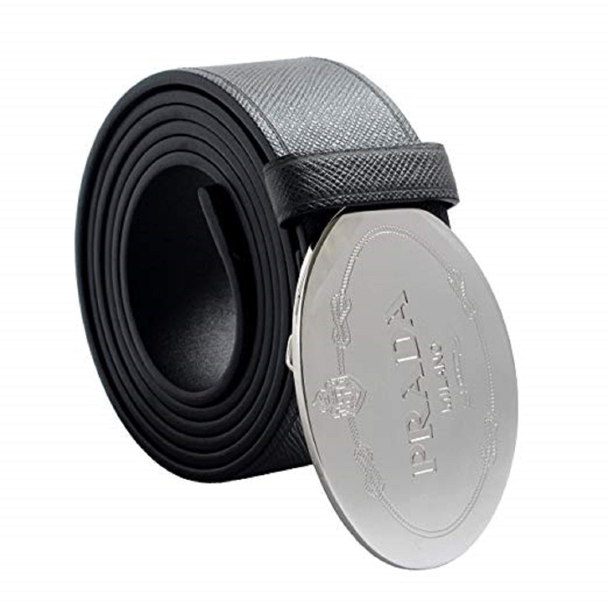 Prada Grey Saffiano Leather Oval Plaque Buckle Belt 2CM046 Size 90/36