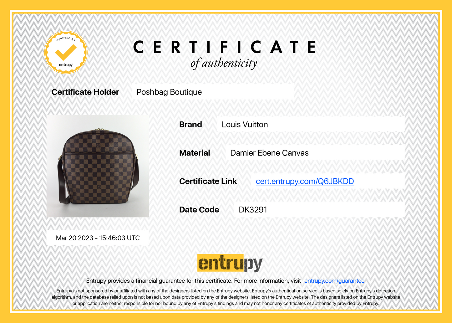 Louis Vuitto Ipanema GM Damier Ebene Canvas Bag