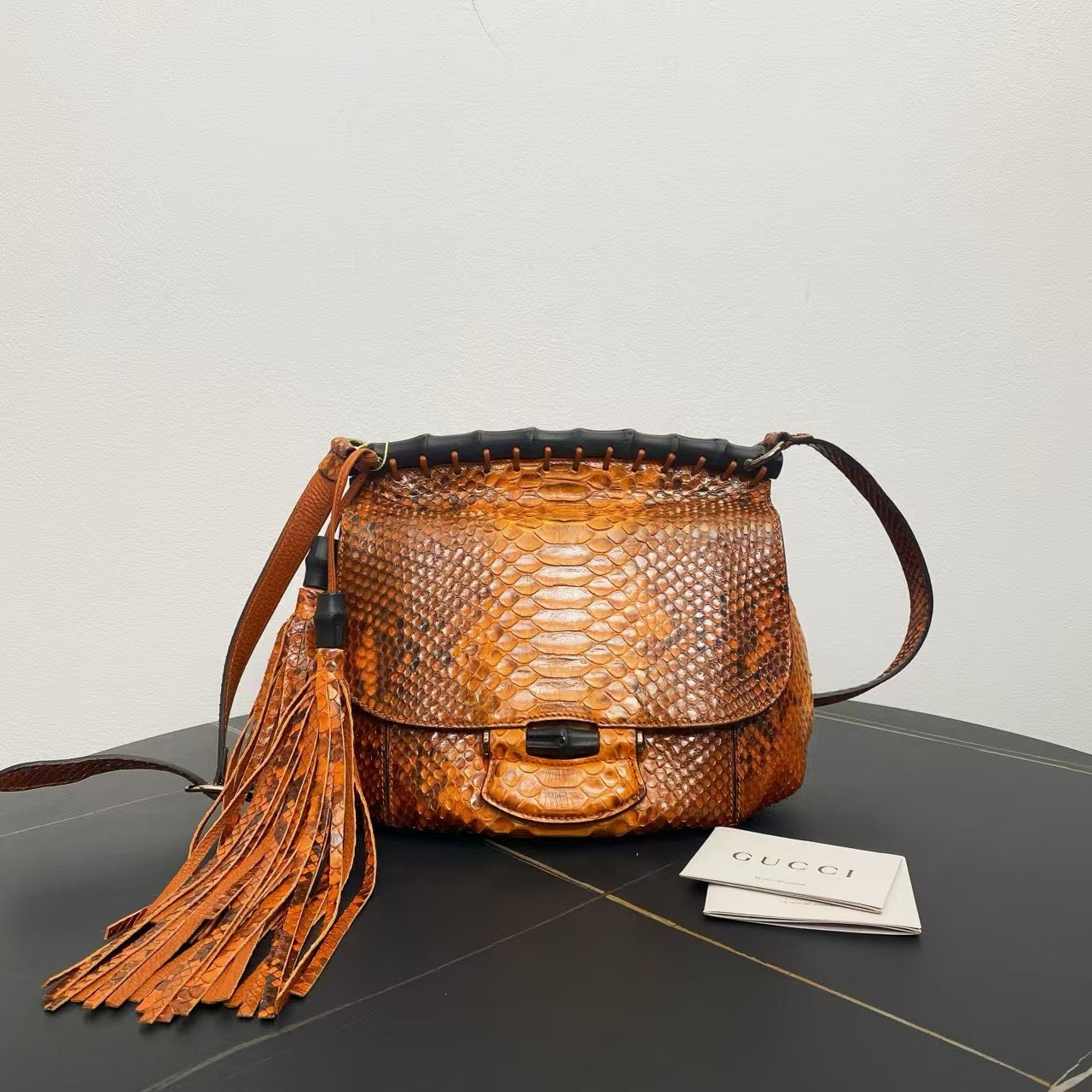 GLM-- Python Leather Shoulder Bag Brown Medium