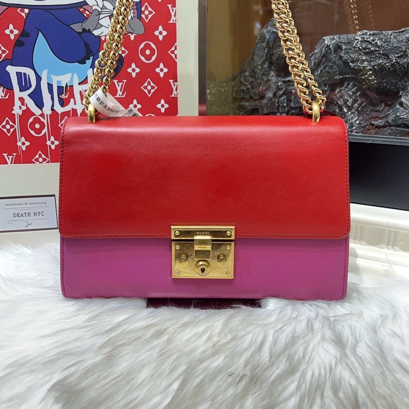 GLM-- Padlock M Red Pink Leather Chain Shoulder Bag
