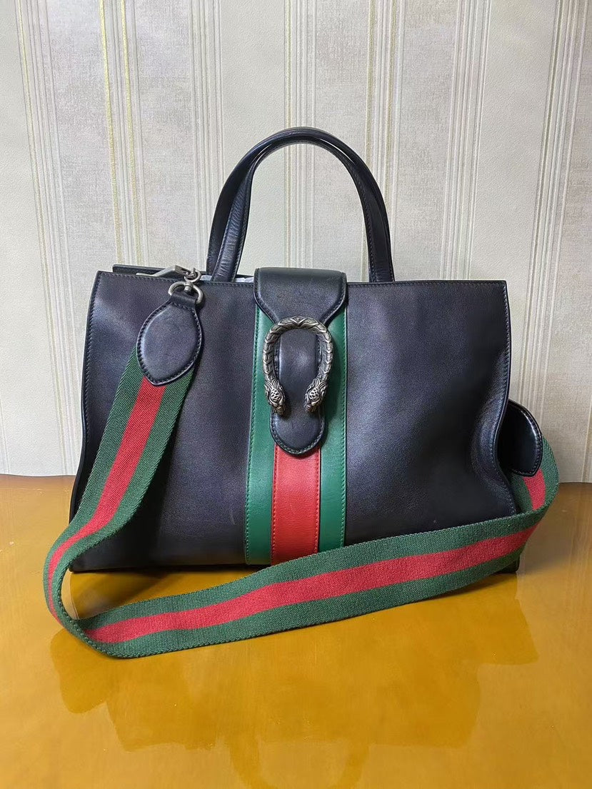 GLM-- Dionysus Black Leather Tote Bag Green Red Stripe Medium