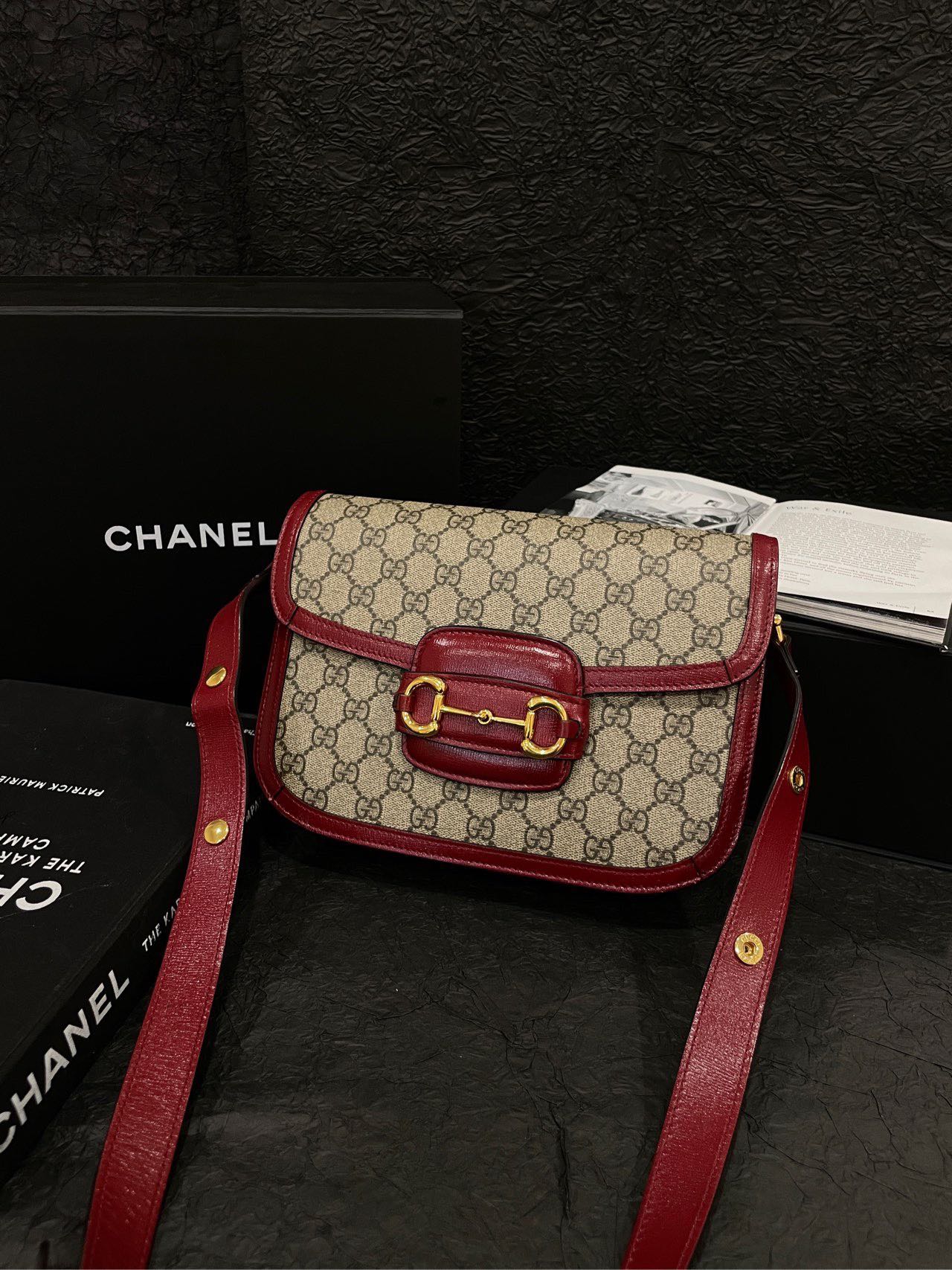 GLM-- Horsebit 1955 GG Supreme Monogram Red Leather Bag Small