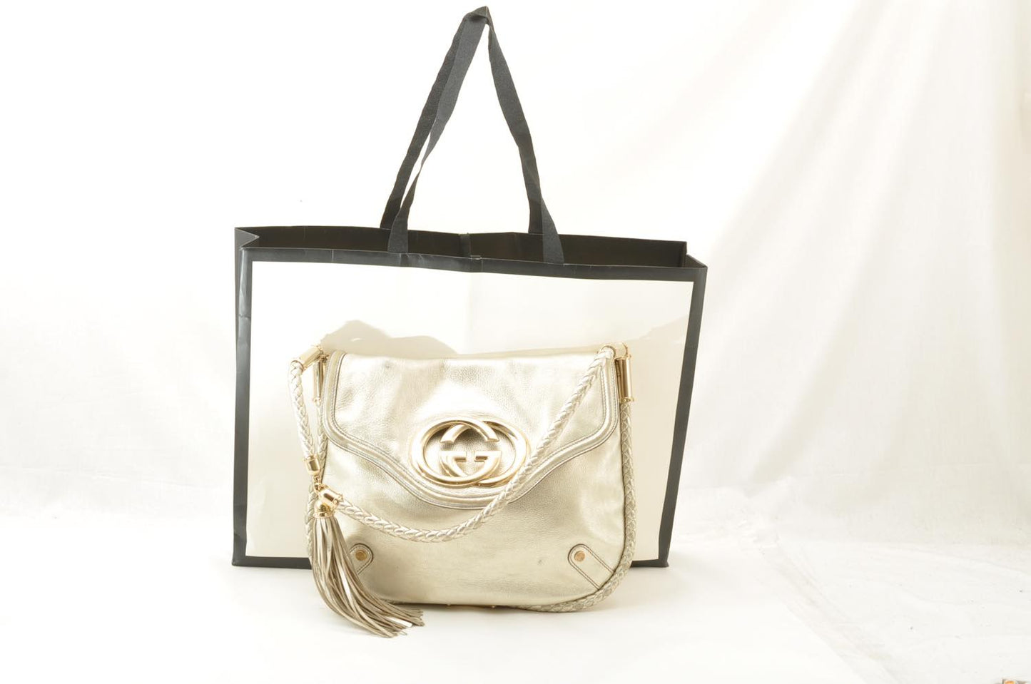 GUCCI Interlocking Fringe Shoulder Bag Leather Champagne Gold 167732 rd106