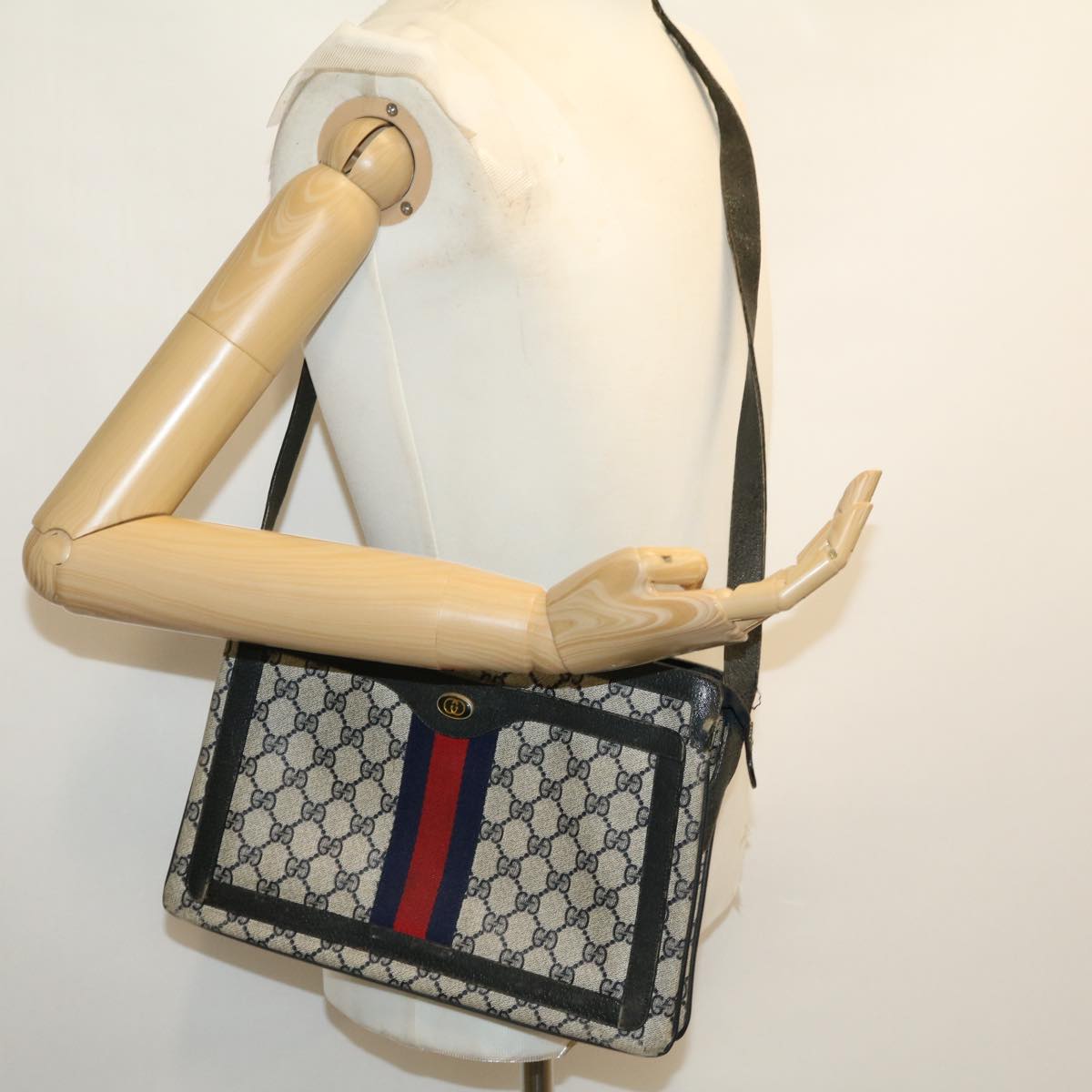 GUCCI GG Canvas Sherry Line Shoulder Bag Beige Red Navy 1402013 rd2346