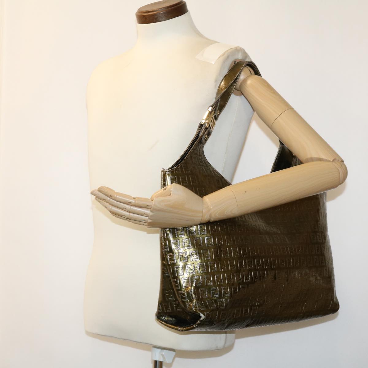FENDI Zucchino Canvas Shoulder Bag Gold rd3399