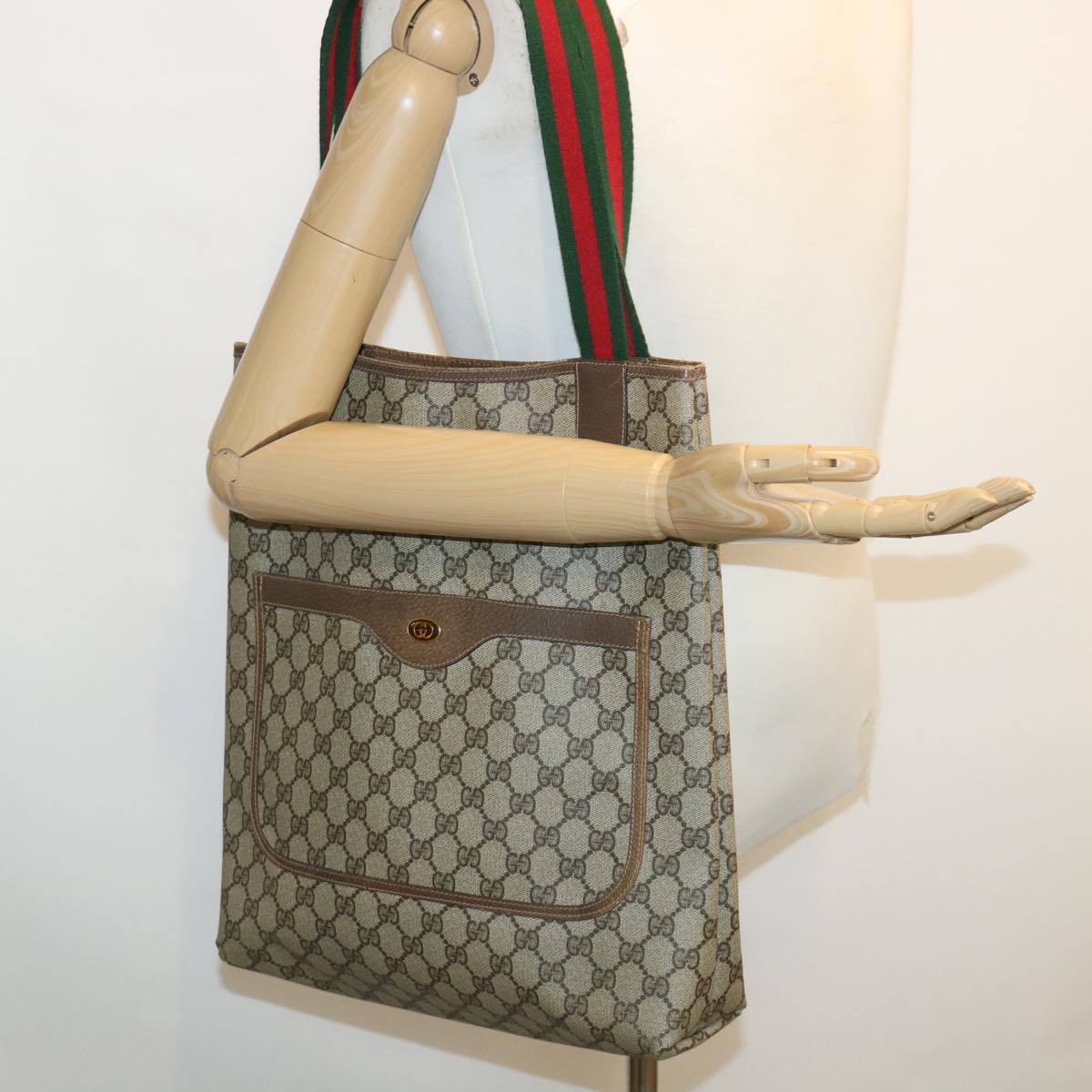 GUCCI Web Sherry Line GG Canvas Tote Bag PVC Leather Beige Green Red rd3959