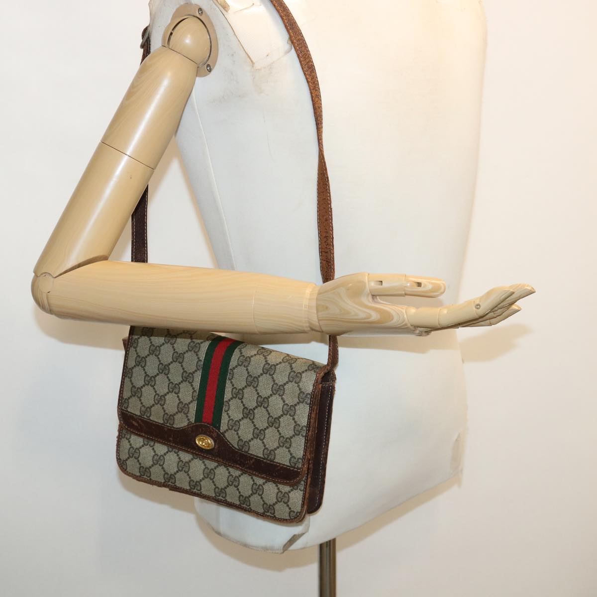 GUCCI Web Sherry Line GG Canvas Shoulder Bag PVC Leather Beige Green rd3964