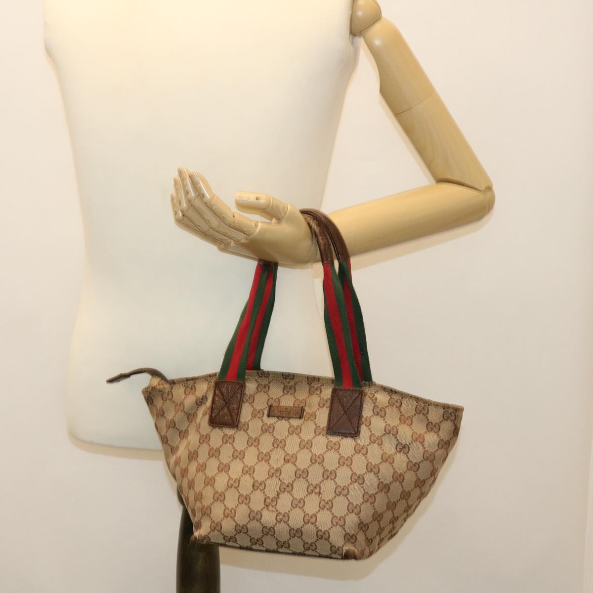 GUCCI Web Sherry Line GG Canvas Hand Bag Beige Green Red 214397 rd4468