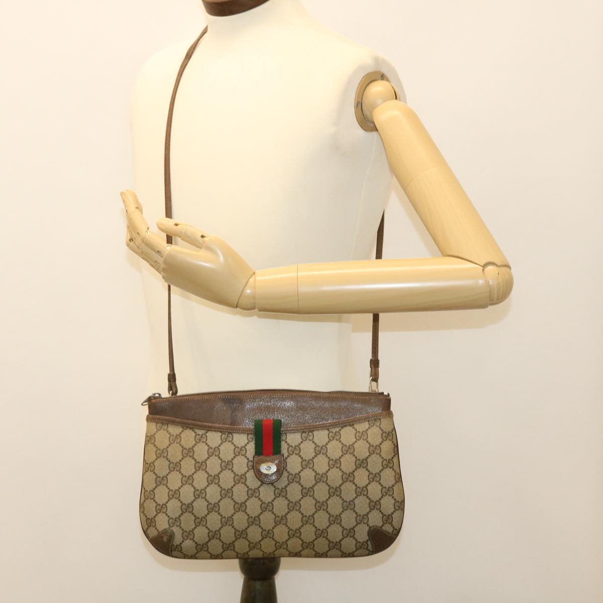 GUCCI Web Sherry Line GG Canvas Boston Bag PVC Leather Beige Green Red rd4560