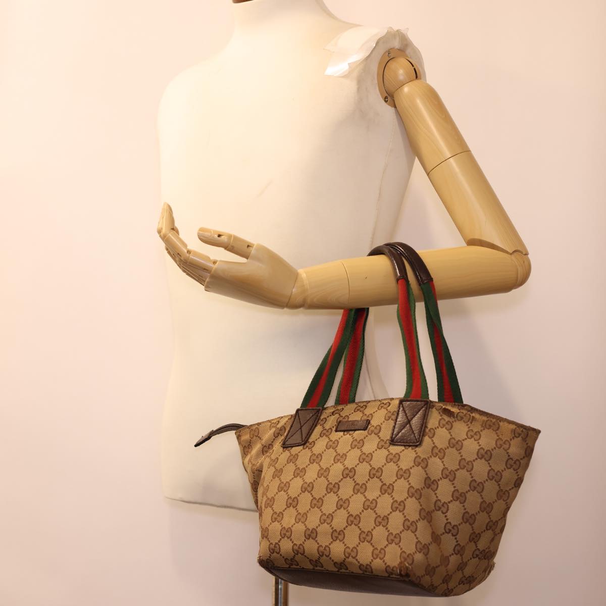 GUCCI GG Canvas Web Sherry Line Tote Bag Beige Red Green 131228 rd4865