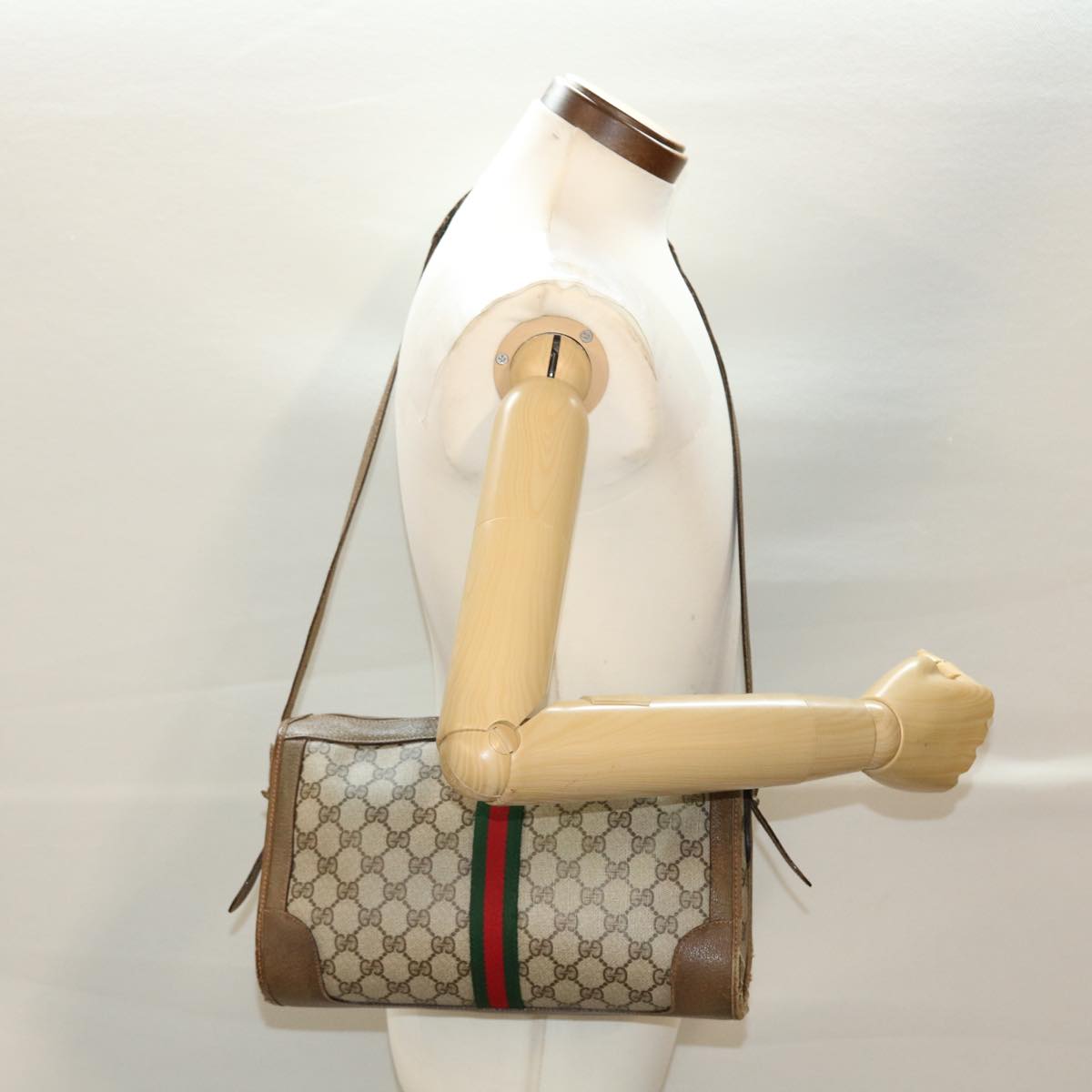 GUCCI GG Canvas Web Sherry Line Shoulder Bag PVC Leather Beige Green rd5263