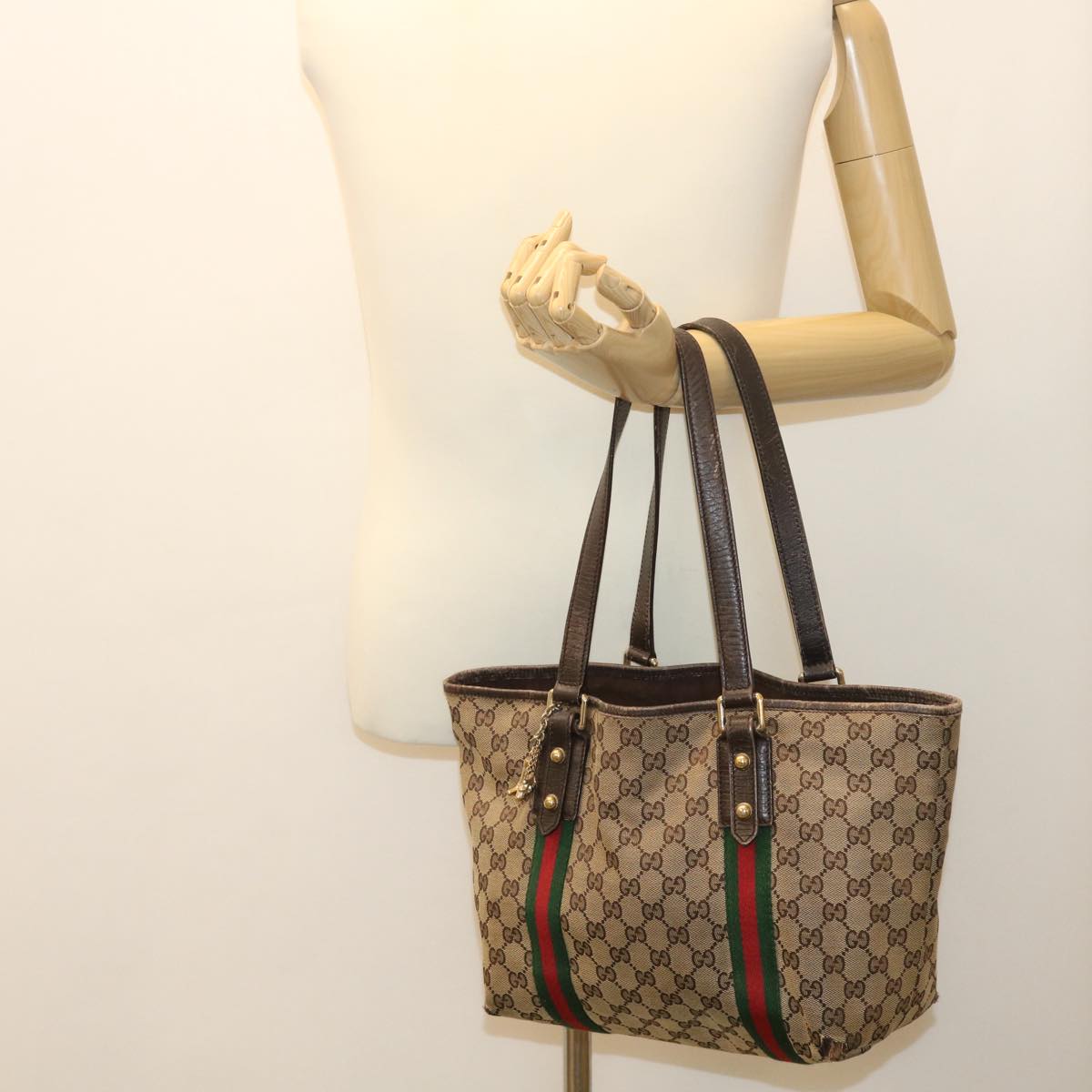 GUCCI GG Canvas Web Sherry Line Tote Bag Beige Red Green 137396 ro795