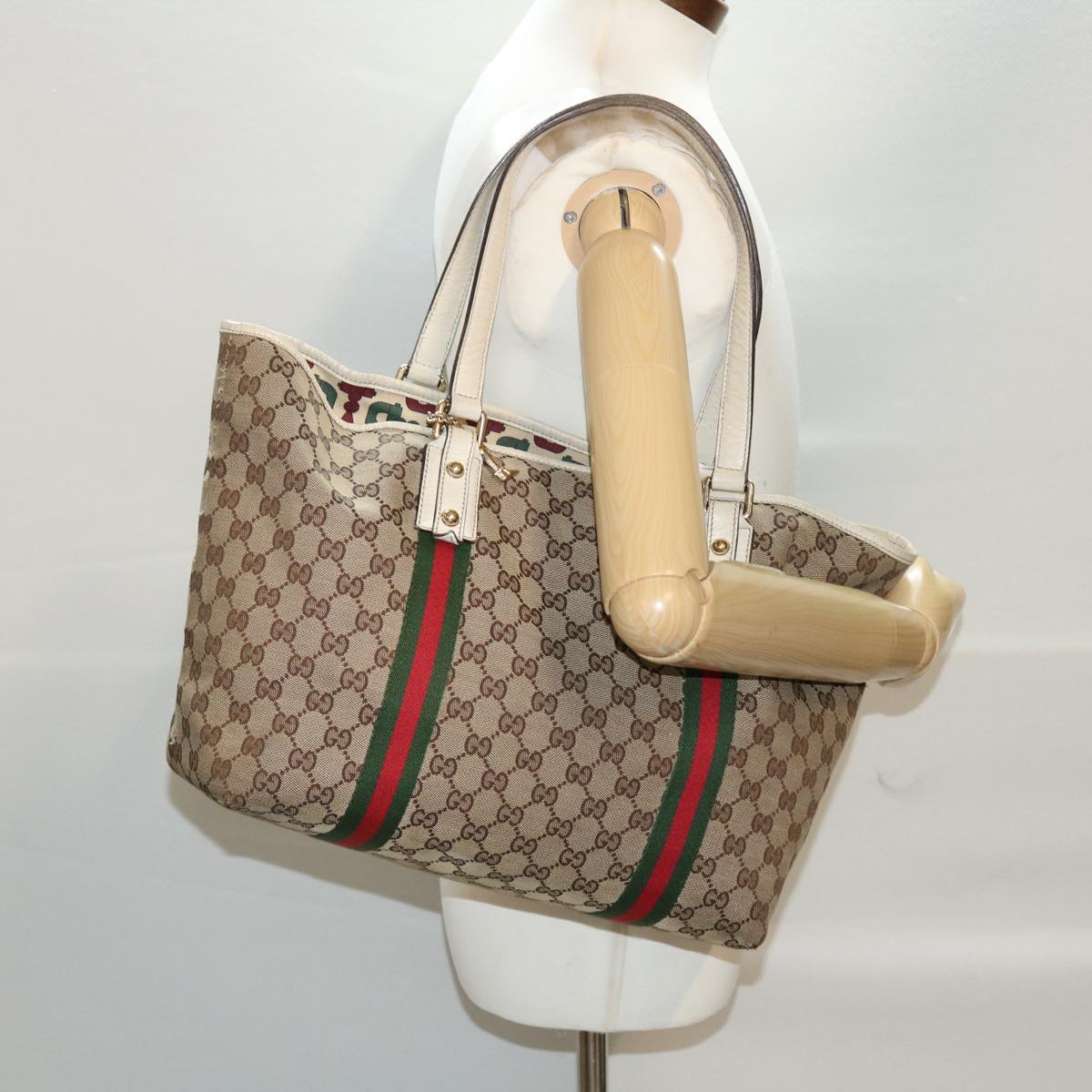GUCCI GG Canvas Web Sherry Line Tote Bag Beige Green Red 139260 tb669