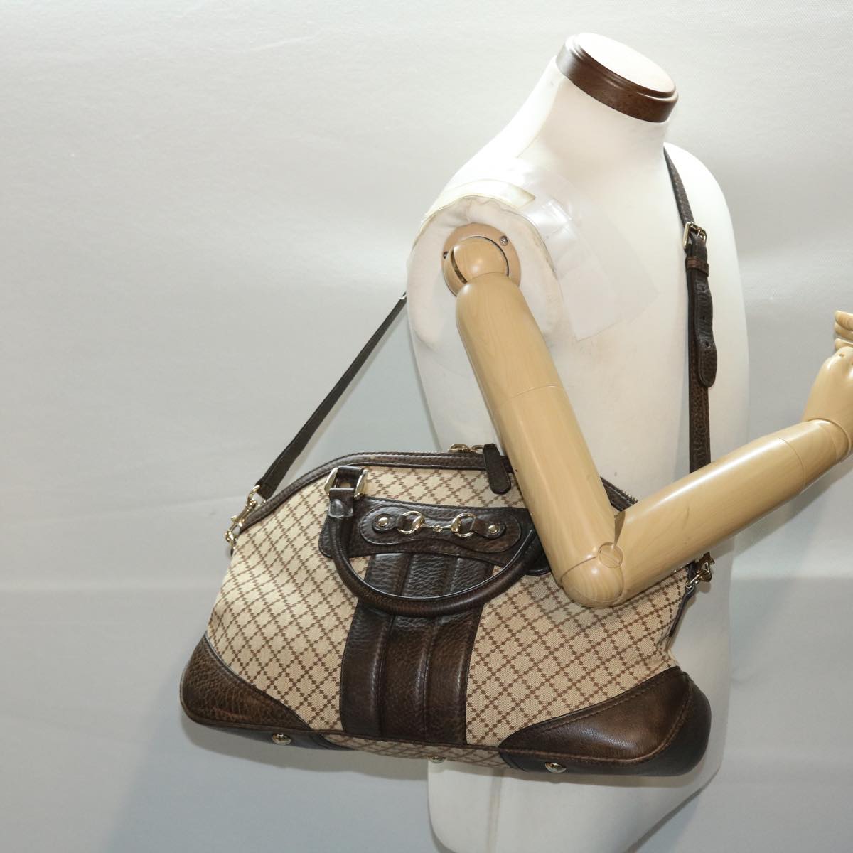 GUCCI Diamante Hand Bag Canvas Leather 2way Brown Beige 247286 tb817