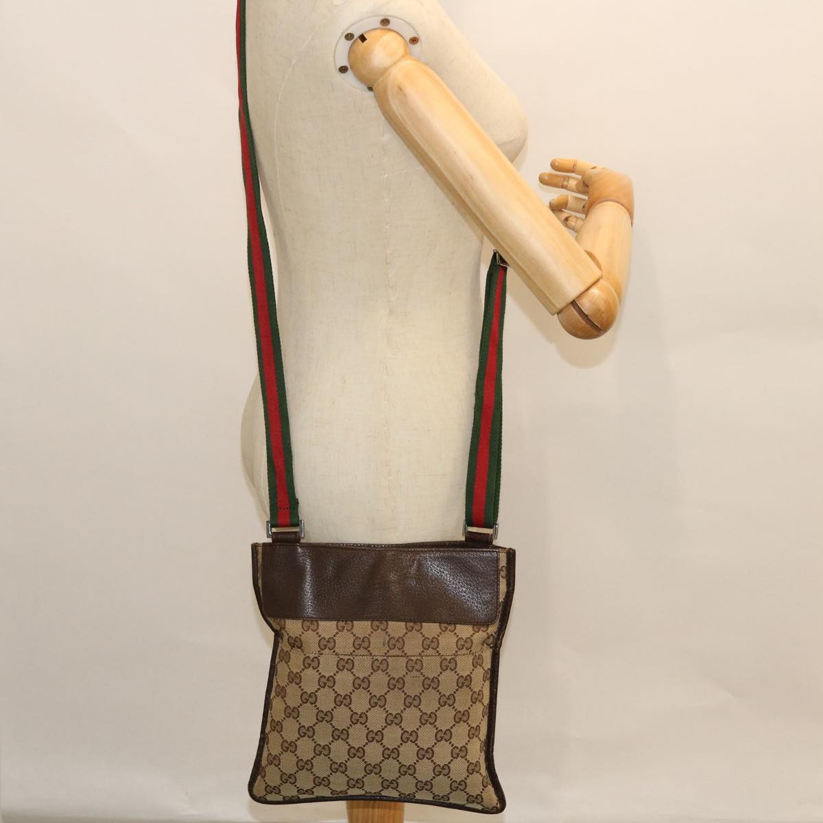 GUCCI GG Canvas Web Sherry Line Shoulder Bag Leather Beige Red 27639 tb860