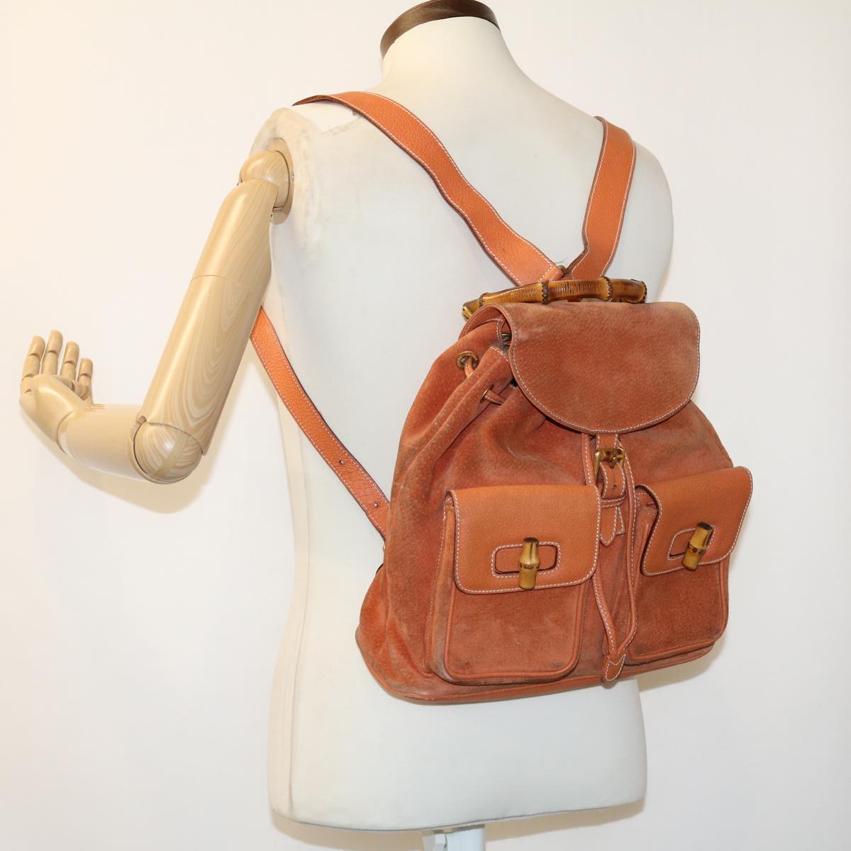 GUCCI Bamboo Backpack Suede Leather Orange th3041