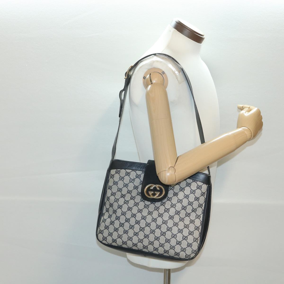 GUCCI GG Canvas Shoulder Bag PVC Leather Gray Navy th3458
