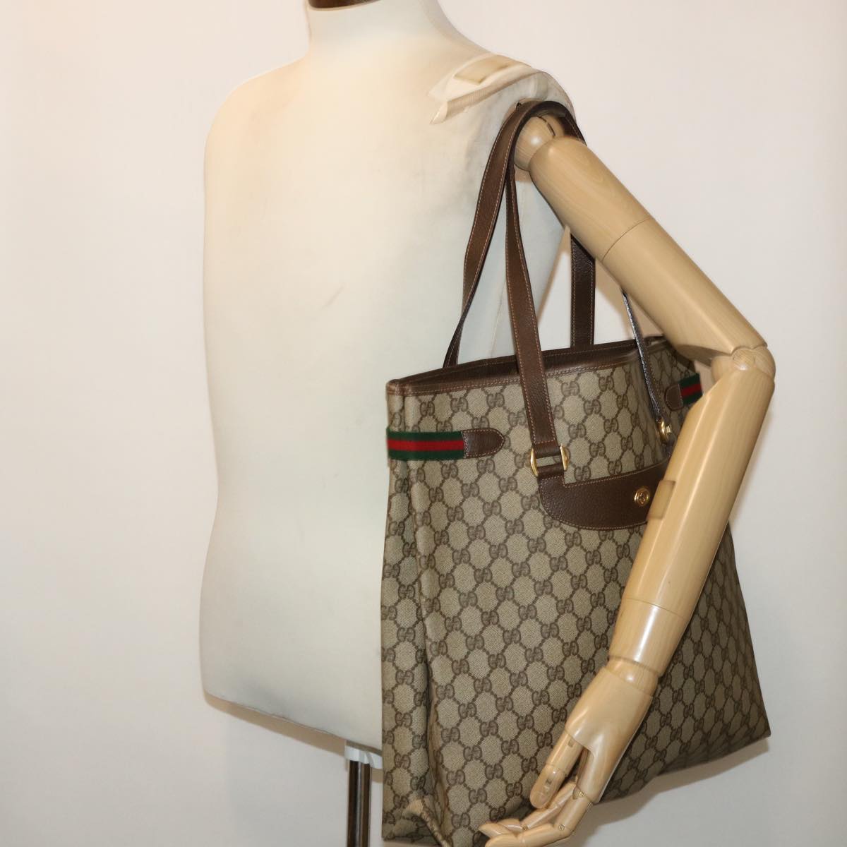 GUCCI GG Canvas Web Sherry Line Tote Bag PVC Leather Beige Red Green th3913