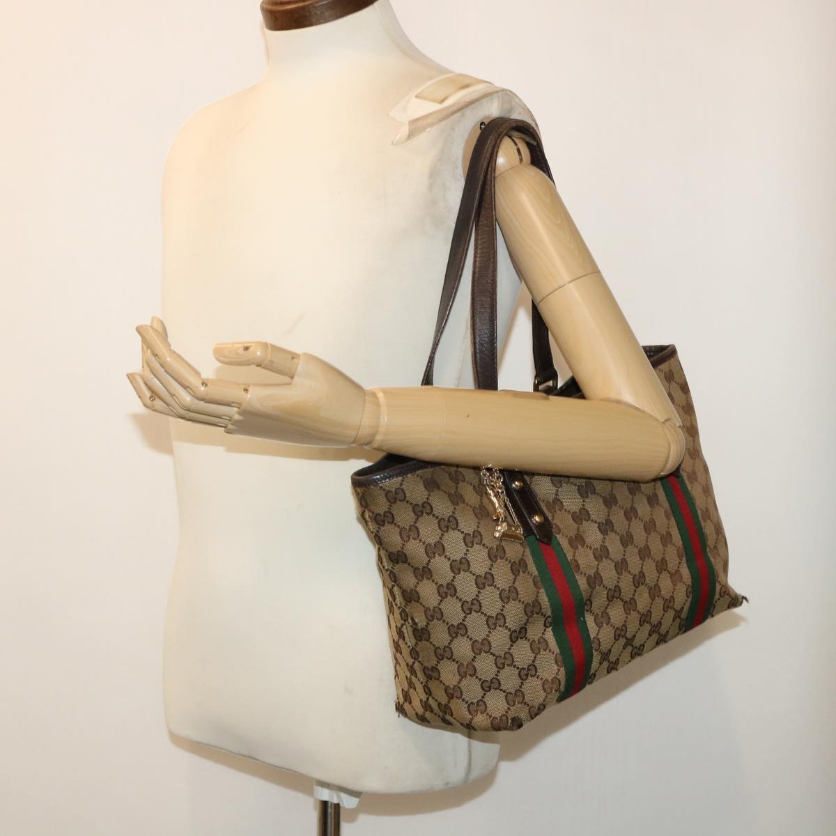 GUCCI GG Canvas Web Sherry Line Hand Bag Beige Red Green 137396 th3917