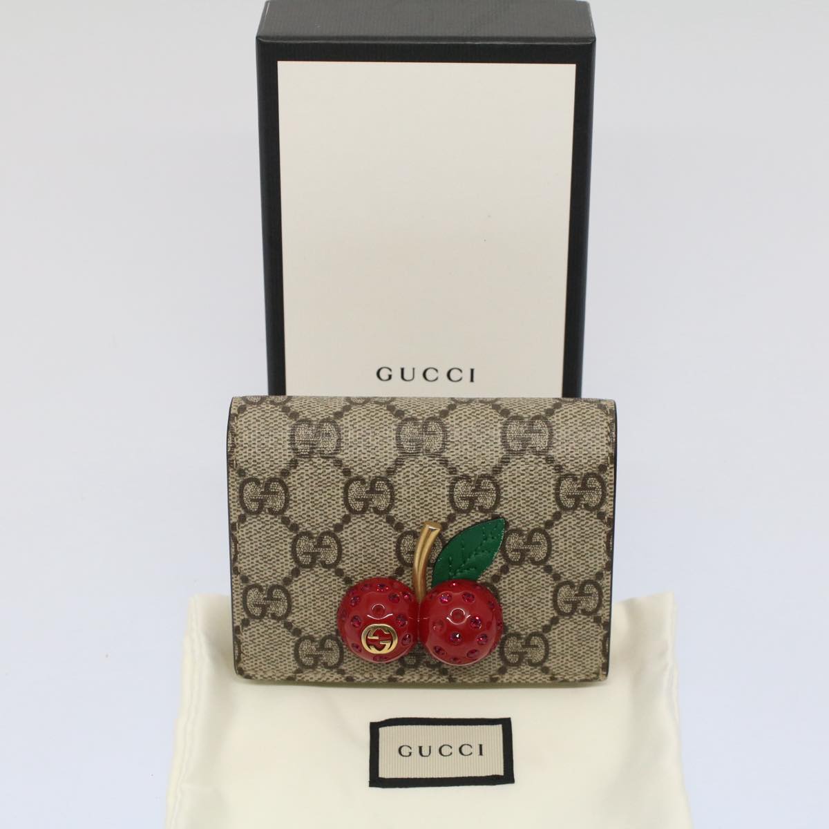 GUCCI GG Canvas Cherry Wallet PVC Leather Beige 476050 th3983