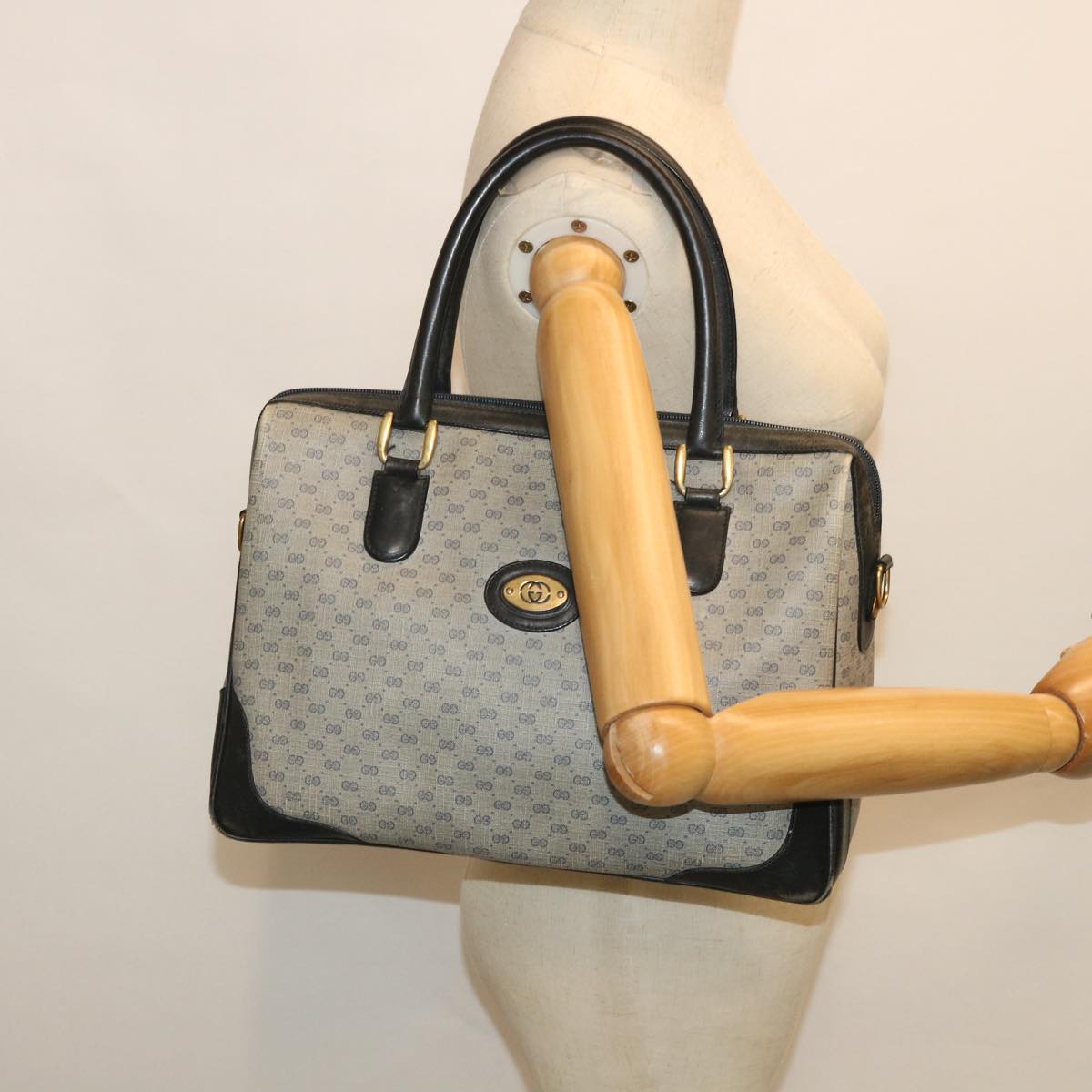 GUCCI Micro GG Canvas Boston Bag PVC Leather Gray Navy 002 58 0033 th4025