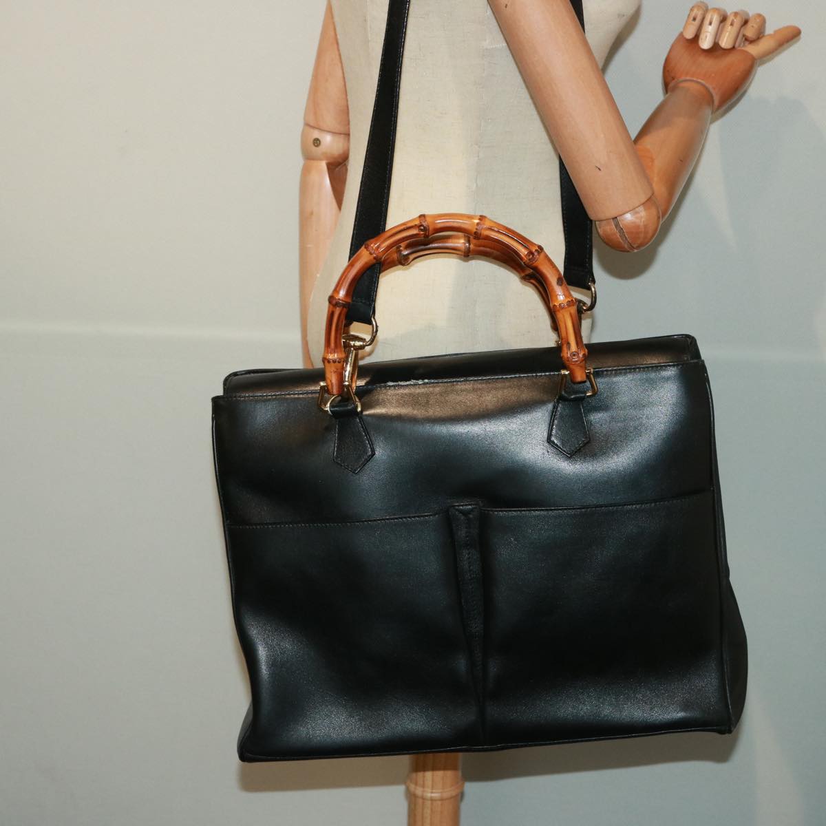 GUCCI Bamboo Hand Bag Leather 2way Black 002 2855 0322 0 th5023
