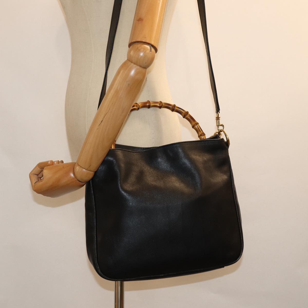 GUCCI Bamboo Shoulder Bag Leather 2way Black 001 1705 1638 th5024