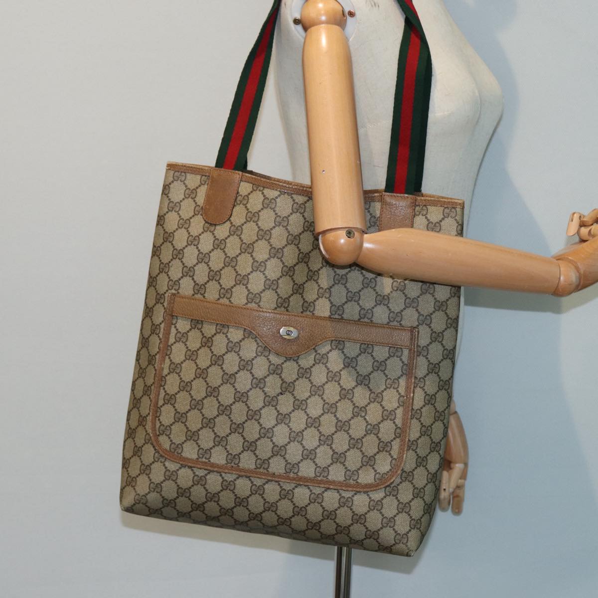 GUCCI GG Supreme Web Sherry Line Tote Bag PVC Beige Red 39 02 003 th5169