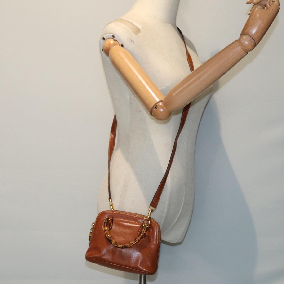 GUCCI Bamboo Hand Bag Leather 2way Brown Gold 007 1014 0231 th5242