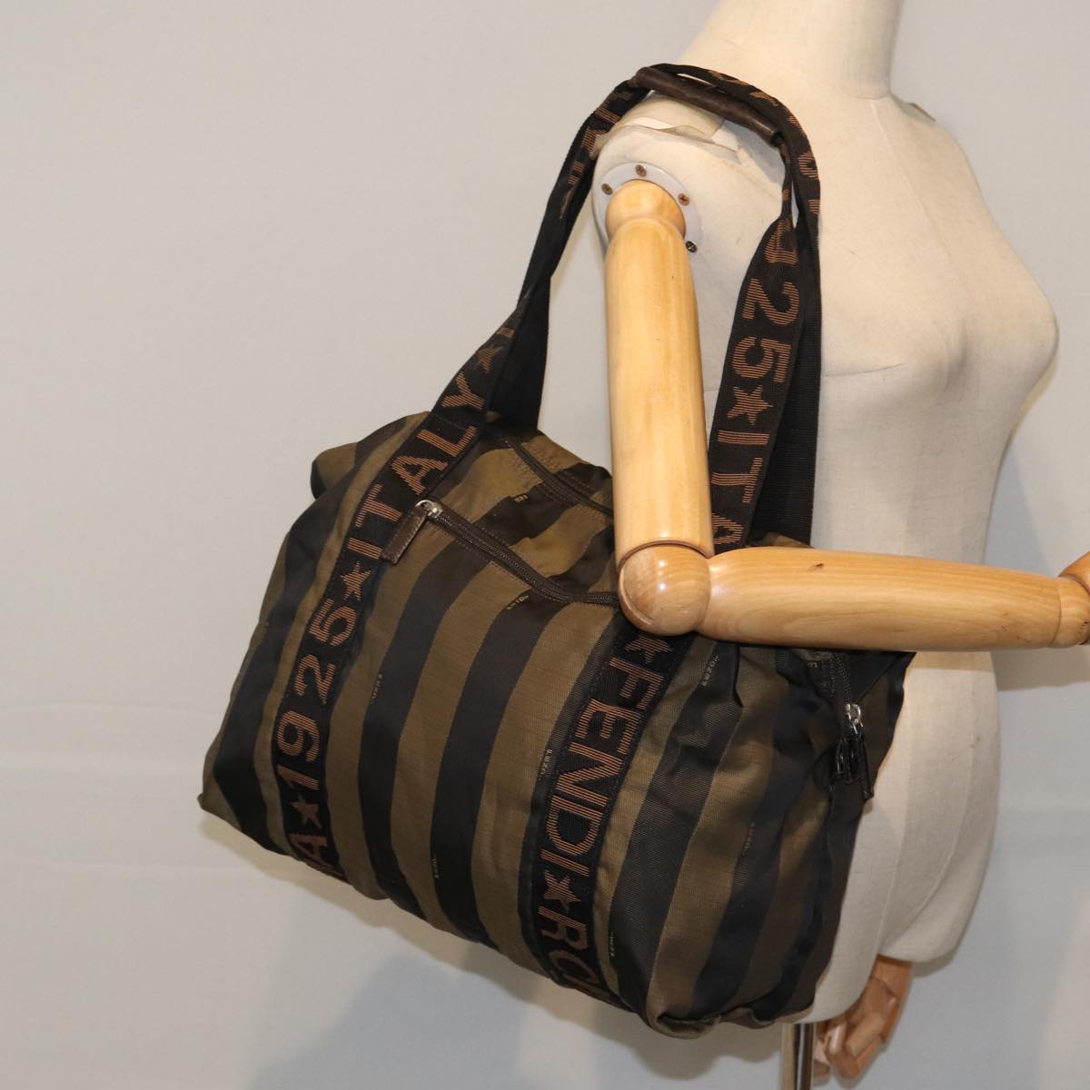 FENDI Pecan Canvas Tote Bag Nylon Khaki Black th5267