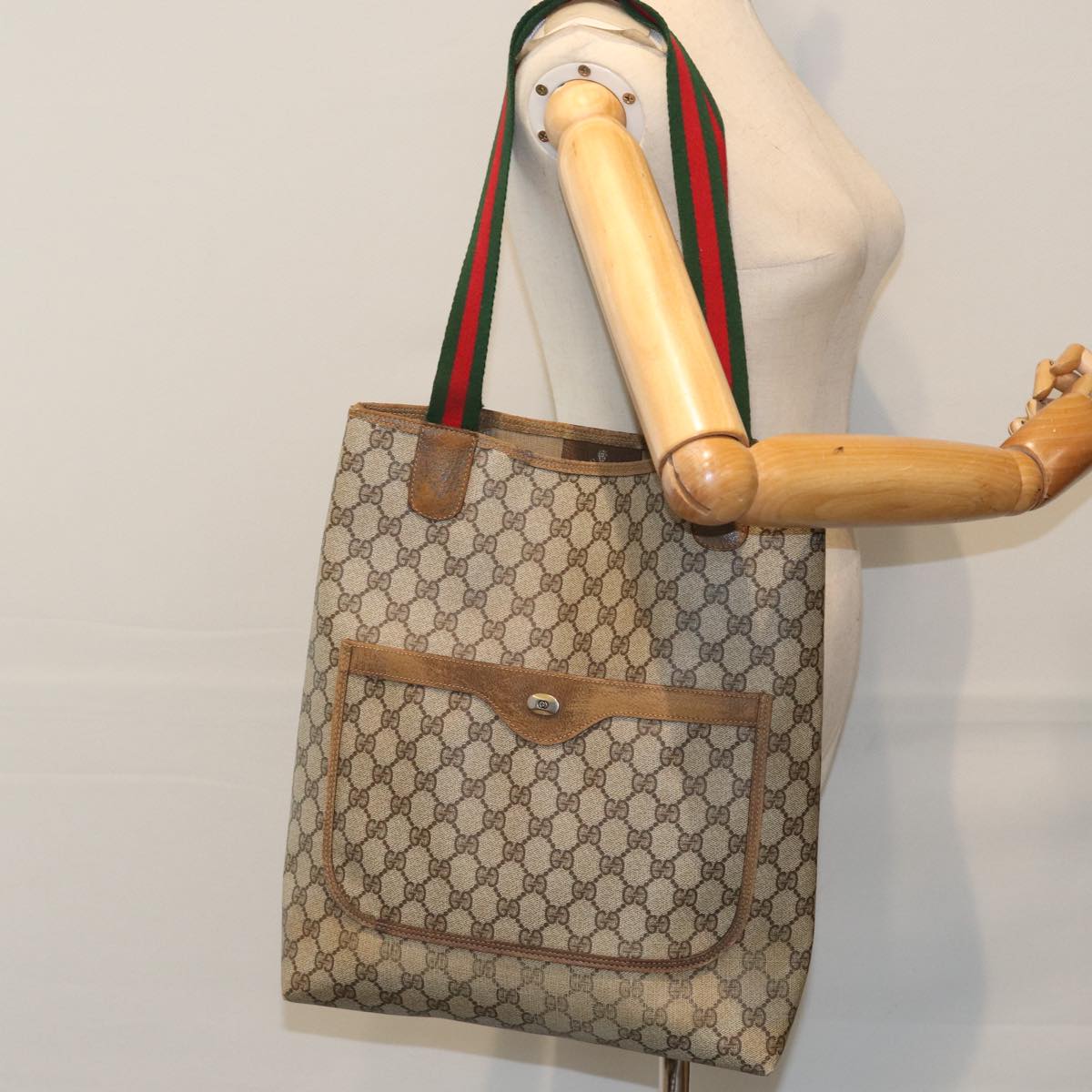 GUCCI GG Supreme Web Sherry Line Tote Bag PVC Beige 39 02 003 th5278
