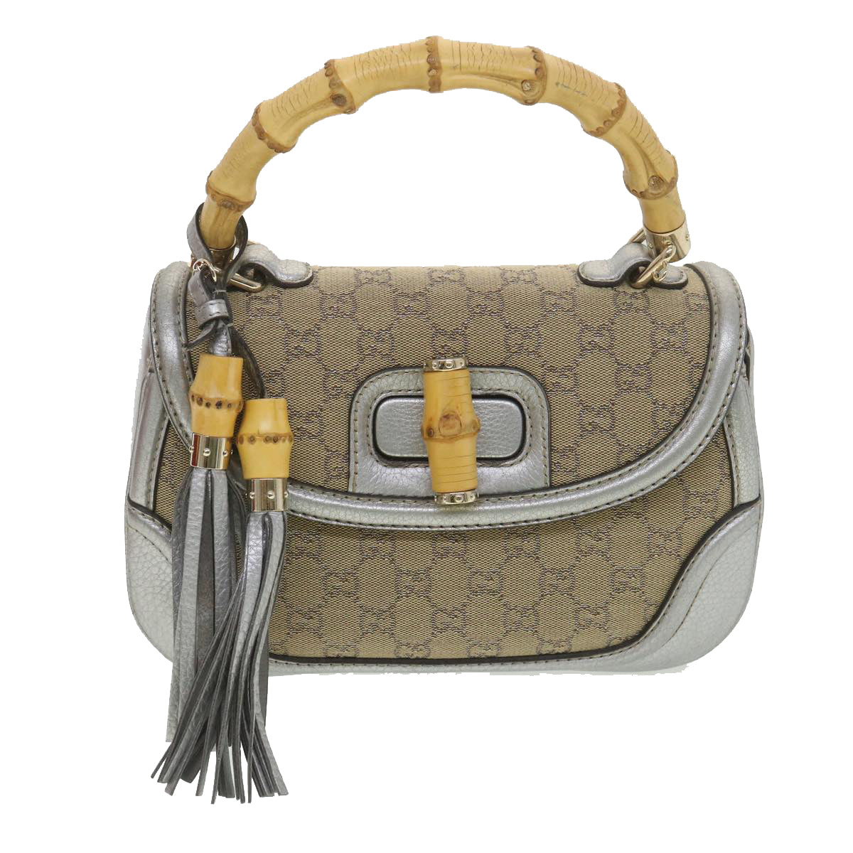 GUCCI GG Canvas Bamboo Hand Bag Beige Silver 254884 yk6106