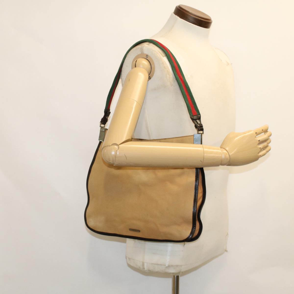 GUCCI Web Sherry Line Shoulder Bag Canvas Beige Green Red ti1172