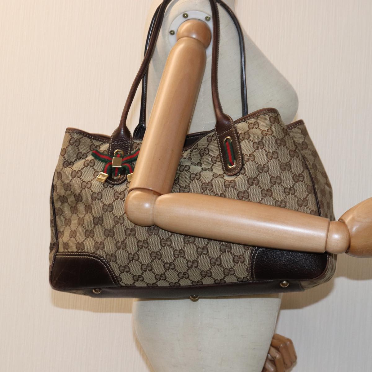 GUCCI GG Canvas Web Sherry Line Tote Bag Beige Green Red ti1682
