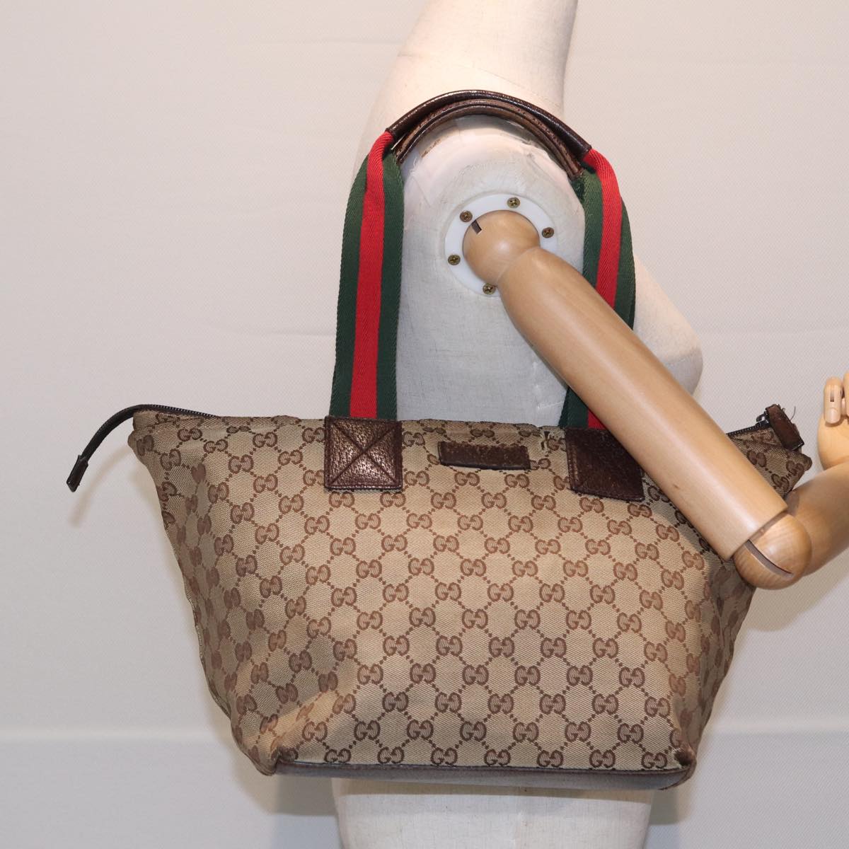 GUCCI GG Canvas Web Sherry Line Tote Bag Canvas Beige ti1861