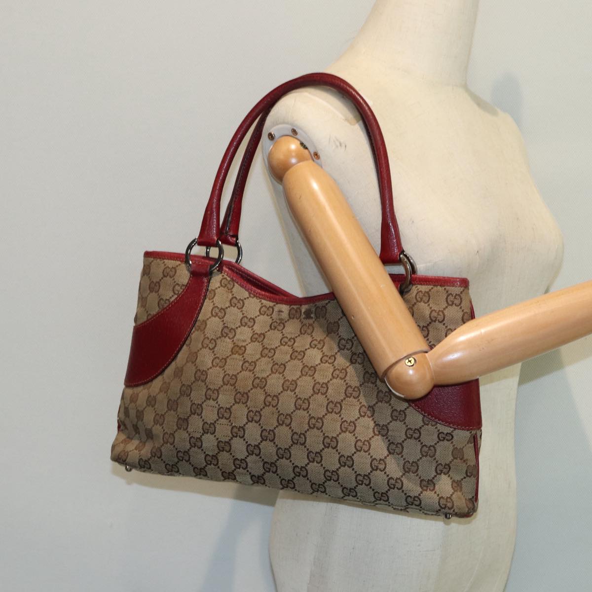 GUCCI GG Canvas Tote Bag Beige Red 113015 ti1957