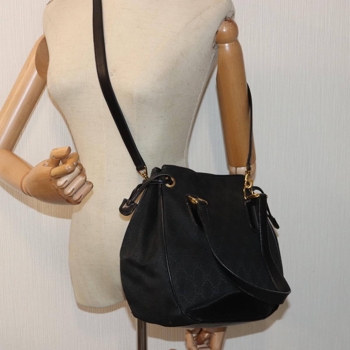 GUCCI GG Canvas Hand Bag 2way Black Gold 000 3444 0282 ti1965