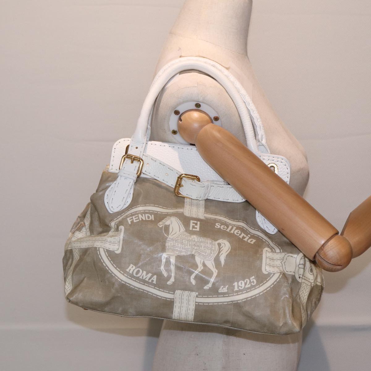 FENDI Hand Bag Nylon Leather Beige Gold ti2008