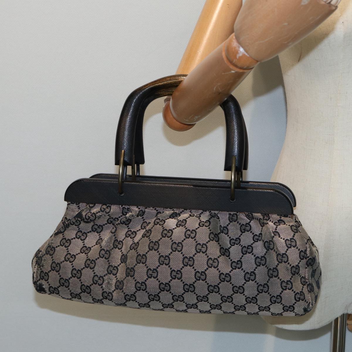 GUCCI GG Canvas Wood Hand Bag Beige 112683 ti2049