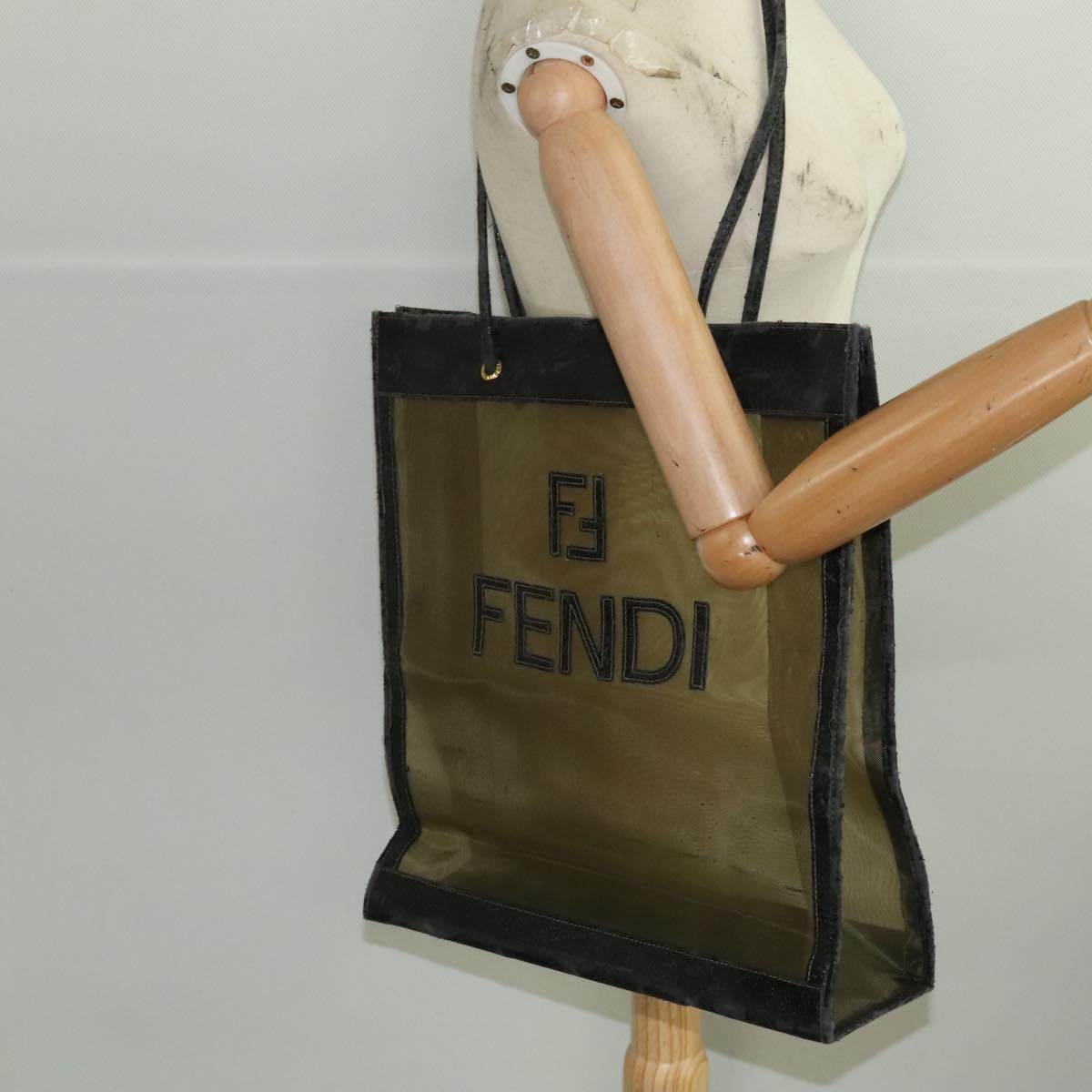 FENDI Tote Bag Nylon Leather Khaki Black Gold ti2229