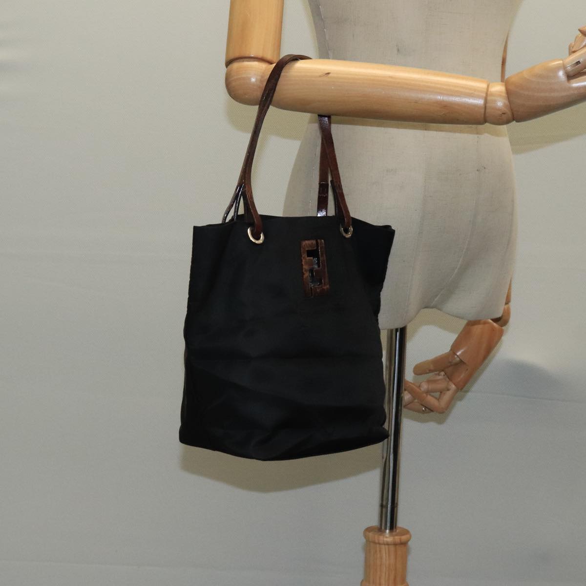 FENDI Hand Bag Nylon Leather Black Brown Silver ti2337