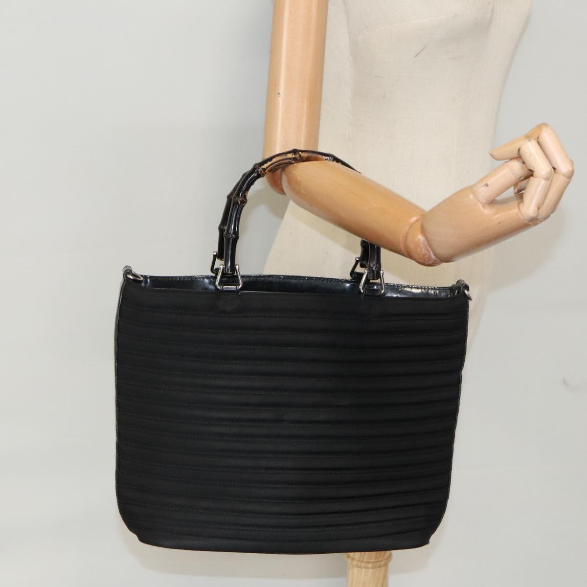 GUCCI Bamboo Hand Bag Nylon Black Silver 000 1705 0588 ti2378