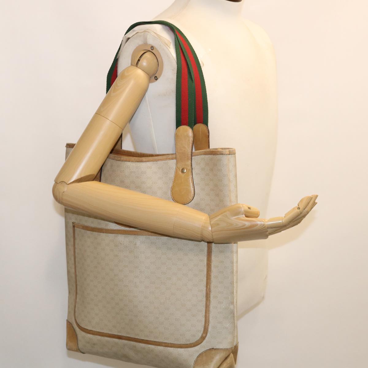 GUCCI Micro GG Canvas Web Sherry Line Tote Bag Beige Red 29040223 ti672
