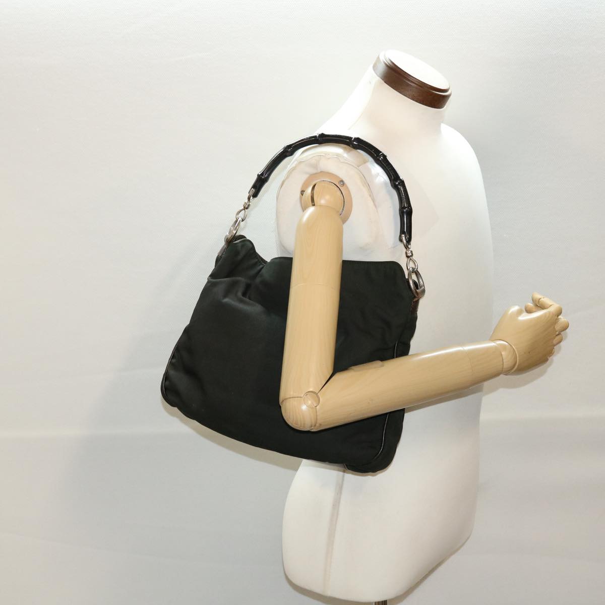 GUCCI Bamboo Shoulder Bag Nylon Green 001•1638 002058 yb153