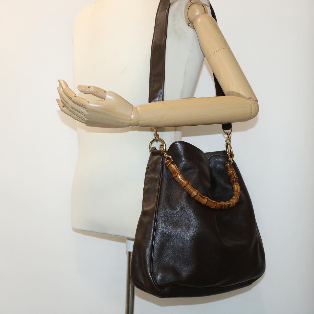 GUCCI Bamboo Hand Bag Leather 2way Shoulder Bag Brown 0011577 yb187