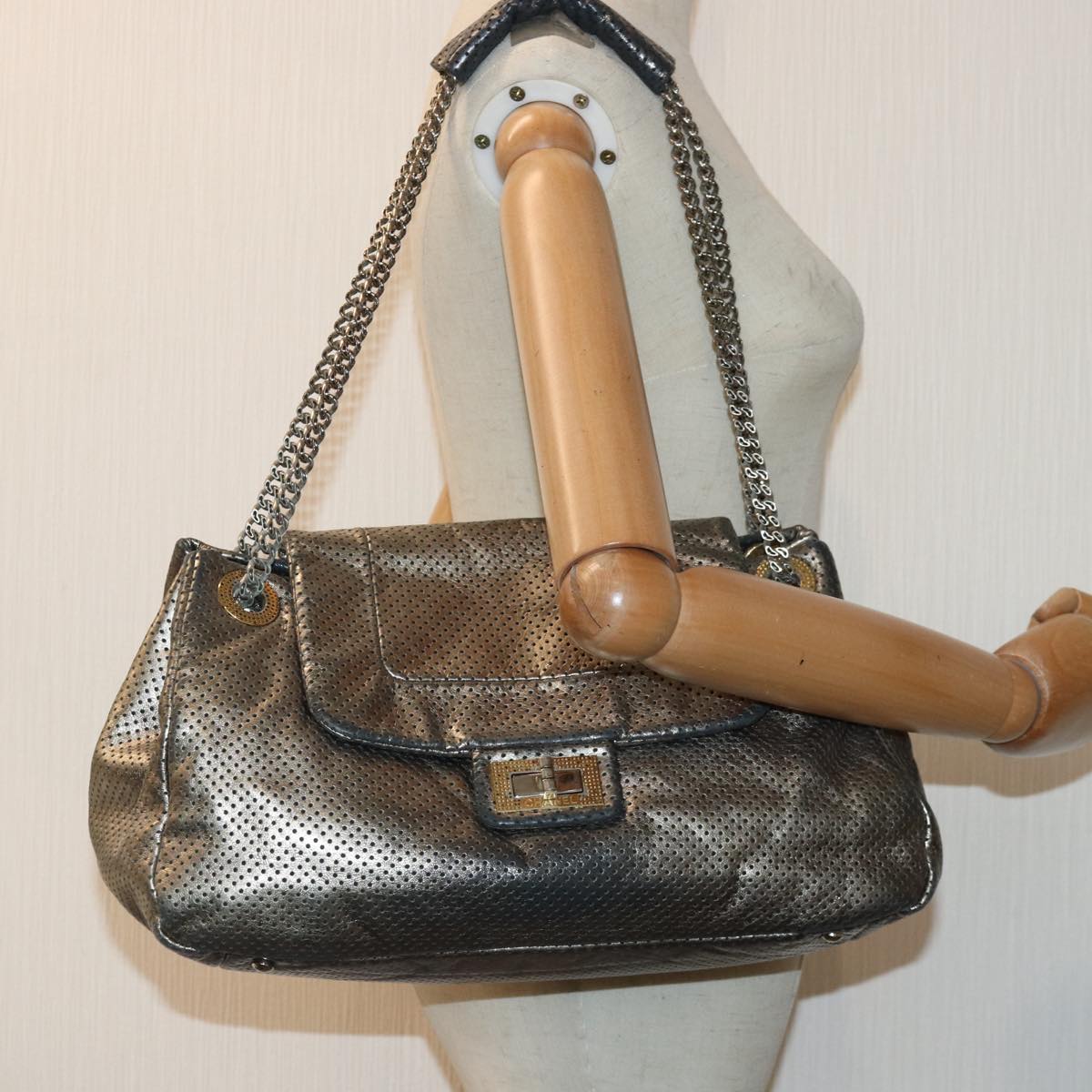CHANEL Punching Turn Lock Chain Shoulder Bag Leather Silver Gold CC yb673